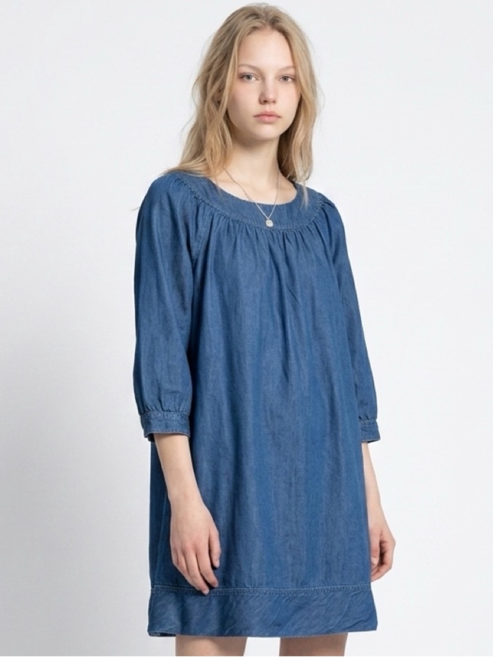 NWOT H&M Size 12 Denim Blue Smocked Yoke Tunic Dress
